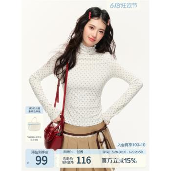 NTOT 甜美百搭修身顯瘦貓爪印花波點修身高領打底內搭疊穿上衣女