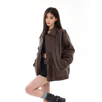 美拉德棕色機車皮衣外套女2024新款秋冬美式復古夾棉加厚夾克潮