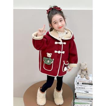 女小童羊羔絨外套冬季洋氣時髦寶寶加絨大衣冬裝小女孩連帽毛毛衣