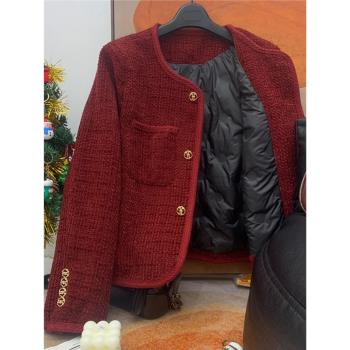 小香風紅色加厚夾棉短款羽絨服