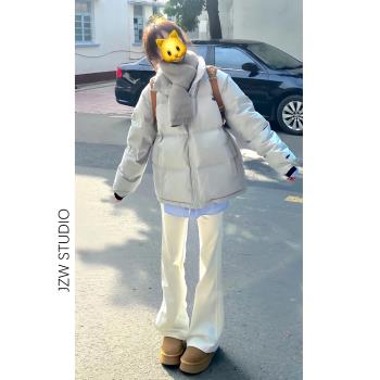 甜妹白色高腰加絨微喇牛仔褲女春秋小個子彈力修身百搭拖地馬蹄褲