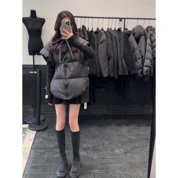 韓系黑色大版羽絨服馬甲霧面泡芙寬松連帽加厚坎肩麵包服背心外套