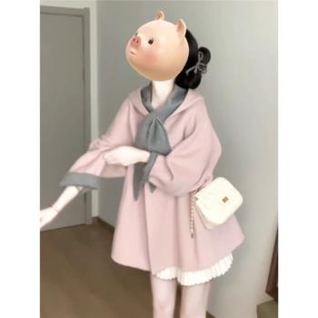 韓系高階感超好看雙面毛呢外套小個子連帽大衣溫柔風初春新款穿搭