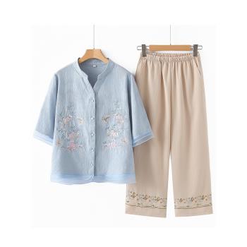 媽媽時尚棉麻刺繡上衣老太太夏裝
