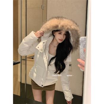 何晨曦 2024新款收腰版羽絨服女冬季短款白色修身可拆卸毛領外套