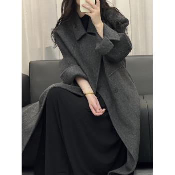小翻領長款過膝寬松雙面羊絨大衣