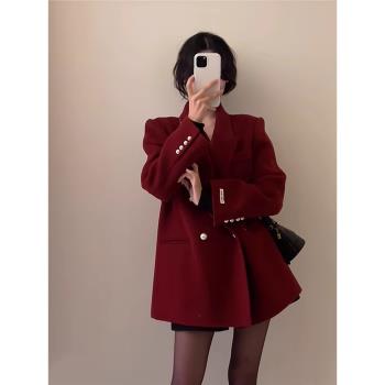 紅色毛呢西裝外套女2024新款秋冬小個子高階感加厚短款羊絨大衣