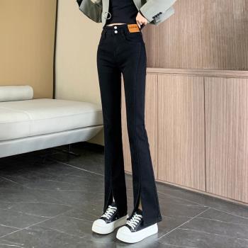 黑色開叉微喇叭牛仔褲女2023年新款春秋小個子高腰顯瘦馬蹄褲褲子