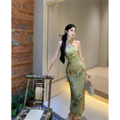 復古國風手工串珠改良印花旗袍長款裙2025秋季新款法式修身連衣裙