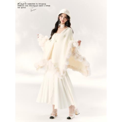 BB BLUE 原創設計 九尾狐毛球針織斗篷 冬季流行高級感慵懶風斗篷