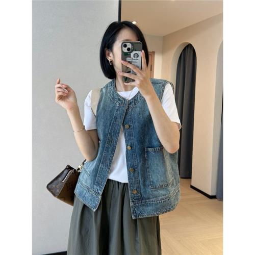 法式簡約氣質顯瘦牛仔馬甲外套2025夏季新款圓領無袖坎肩疊穿上衣