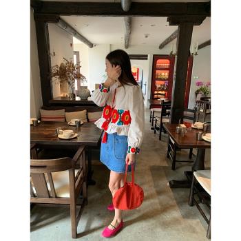落落狷介女裝2024新款春款長袖泡泡袖襯衫女刺繡小個子上衣設計感