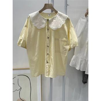 彩色豆豆家夏季新款女士襯衫襯衣奶油黃蕾絲領寬松短袖黃色上衣