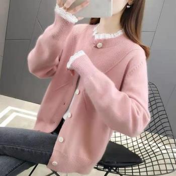 寬松針織衫開衫女外穿毛衣外套2025年春秋新款長袖上衣圓領蕾絲邊