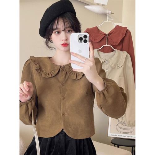 襯衫設計感高級長袖女秋季小眾娃娃領減齡法式溫柔別致獨特短上衣