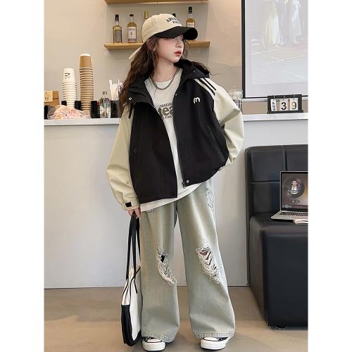 女大童沖鋒衣外套秋裝2024新款初中學生拼色防風連帽上衣時尚百搭