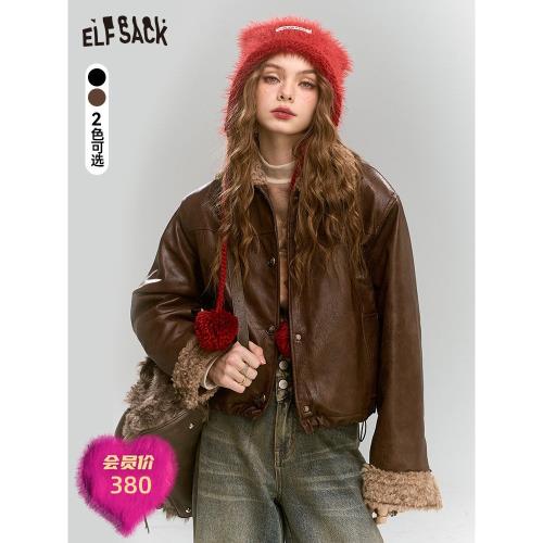 妖精的口袋「頑皮少女」仿羊羔毛拼接復古咖色皮衣女學院風高級感