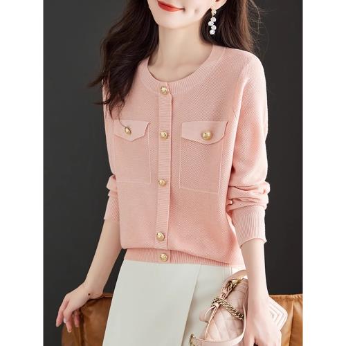 小香風粉色長袖針織衫女2025春季新款薄款高級感打底毛衣短款上衣