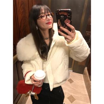 落落狷介女士羽絨服冬季2024新款白色大毛領短款麵包服小個子加厚