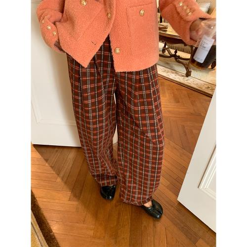 落落狷介格子闊腿褲女2024新款秋冬款小個子毛呢褲設計感寬松褲子