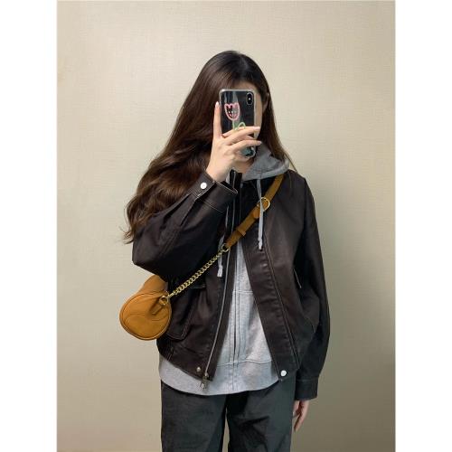 美式復古短款皮衣外套女春秋做舊洗水寬松港風甜酷機車服夾克上衣