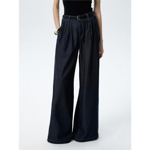 棘光THORNSAURA 百搭高腰褶皺涼感復古深藍色天絲棉牛仔闊腿褲女