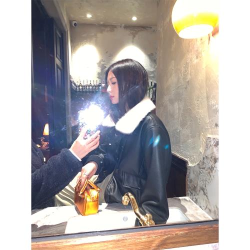 落落狷介 皮衣女款2024新款高級感小個子黑色毛領寬松皮夾克PU皮