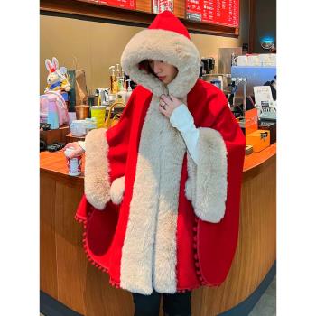 小個子聖誕斗篷披肩外套女連帽秋冬加絨加厚毛領邊蝙蝠袖格子大衣