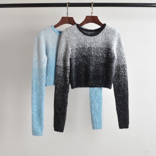 外貿品牌尾單時尚漸變色設計感氣質短款露臍百搭毛絨感針織上衣