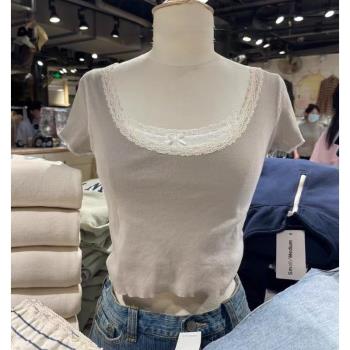 Brandy純欲風絕美蕾絲花邊U領咖啡色短袖T恤女設計感bm木耳邊上衣