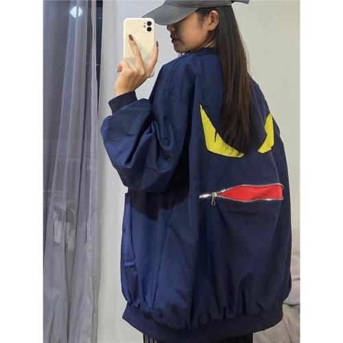 2023春秋季新款小怪獸眼睛拉鏈寬松棒球服飛行員夾克外套男女同款