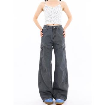 Free Sonata美式水洗做舊解構斜口袋灰色工裝休閑褲女直筒寬松潮