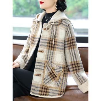 洋氣媽媽秋裝格子毛呢外套2024新款中老年人女秋冬呢子連帽大衣服