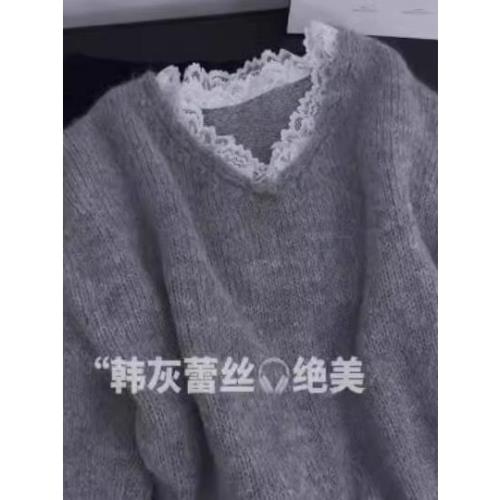韓系灰色蕾絲拼接V領針織衫毛衣女2024早秋季新款高級感寬松上衣