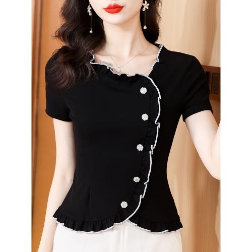 短袖襯衫女短款小衫卡腰洋氣小眾漂亮減齡上衣收腰夏季配闊腿褲的