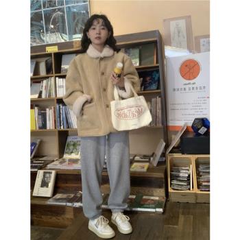 ifbeer韓版加絨灰色加厚衛褲復古寬鬆鬆緊腰直筒長褲束腳褲女