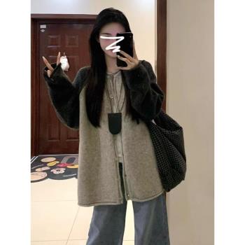 慵懶風灰色長袖開衫毛衣女秋冬季2024新款拼接撞色針織衫上衣外套