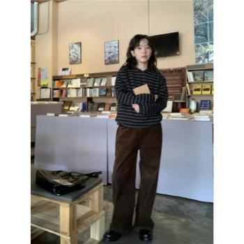 ifbeer復古可可棕色燈芯絨拖地長褲ins風女寬松闊腿直筒秋冬高腰