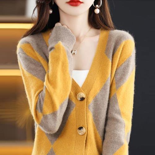 2025年春秋季新款混紡針織衫寬松拼色V領毛衣開衫女外套針織外穿