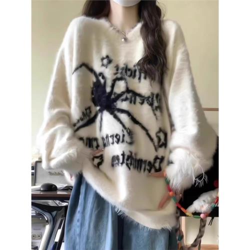 仿水貂絨毛衣女裝秋冬季寬松高中初中學生大童加絨加厚打底針織衫