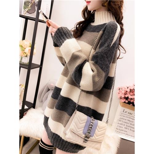 套頭條紋毛衣女裝秋冬季寬松加絨加厚高中初中學生大童針織打底衫