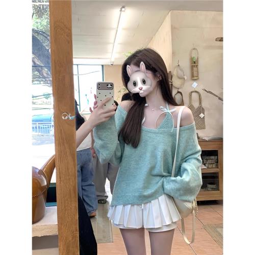 薄荷綠針織露肩毛衣套裝女秋季設計感減齡百搭吊帶背心上衣兩件套