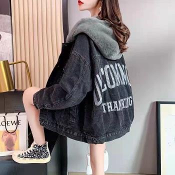 加絨加厚冬季牛仔外套女連帽刺繡韓版寬松保暖棉衣棉服ins潮2023