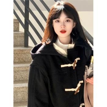 牛角扣雙面呢子大衣女秋冬2024新款中長款過膝學院風連帽毛呢外套