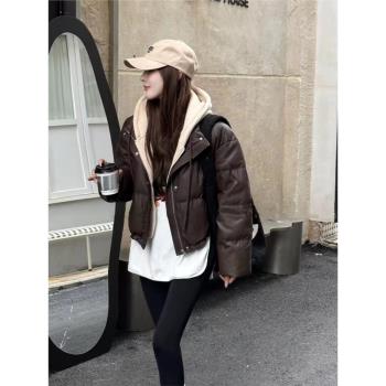 設計感假兩件連帽羽絨棉女歐洲站2024年冬季新款保暖麵包服上衣潮