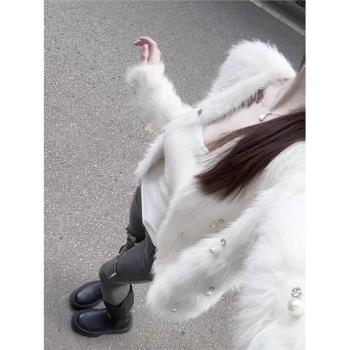 奶fufu白色小香風仿水貂絨毛衣開衫外套女秋冬季加厚毛毛環保皮草