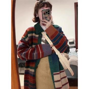 oversize！日系復古拼接翻領毛衣開衫女外套秋冬韓版長款針織上衣