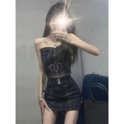 性感辣妹套裝女港風一字肩抹胸背心包臀短裙半身裙牛仔兩件套裙裝