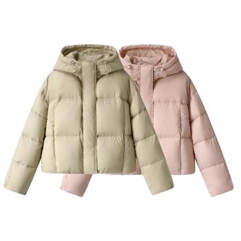 商場同款2024冬季新連帽鵝絨防水粉色短款麵包服立領羽絨服綠色女