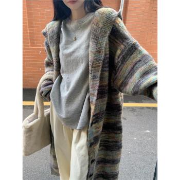 高階感藝術範復古撞色條紋連帽大衣針織衫女秋冬加厚長款開衫毛衣